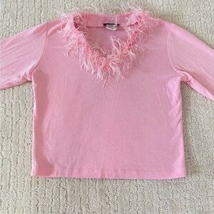 Womens Pink Faux Feather-Trim V-Neck Top